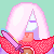 Irita, a humanoid with shiny pink hair, pale blue skin, and wearing a pink sparkly THING. Her only visible eye is closed, and a small pink sword floats next to her with a rainbow trail from the blade.